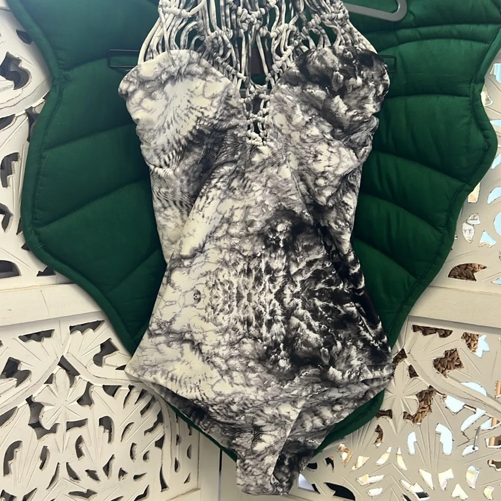 Mikoh crochet high neck halter one piece swimsuit. XL. Grey marble tie dye. - Picture 3 of 8